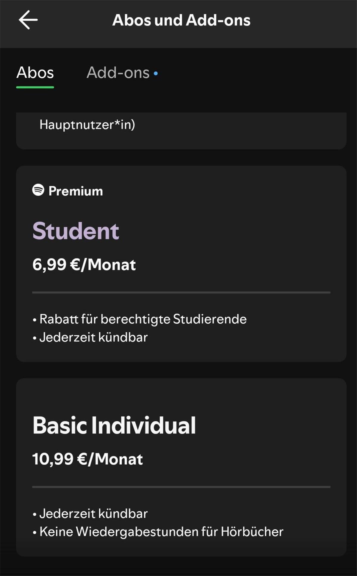 Einfacher Spotify-Trick! Mit wenigen Klicks die Preiserhöhung umgehen Auf einem Smartphone sind verschiedene Abo-Modelle des Musik-Streamingdienstes Spotify zu sehen.