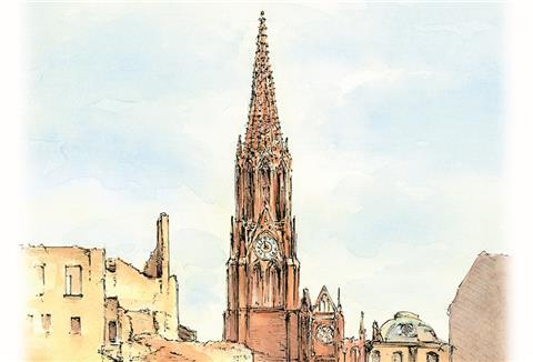 In der gänzlich zerstörten Innenstadt Bremerhavens ragte 1944 nur noch der Turm der Großen Kirche empor. Daran erinnern Hermann Gutmann in seinem Buch „Der chinesische Trauermarsch“ und Zeichner Peter Fischer mit seinem Titelbild (Ausschnitt).