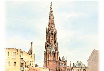 In der gänzlich zerstörten Innenstadt Bremerhavens ragte 1944 nur noch der Turm der Großen Kirche empor. Daran erinnern Hermann Gutmann in seinem Buch „Der chinesische Trauermarsch“ und Zeichner Peter Fischer mit seinem Titelbild (Ausschnitt).