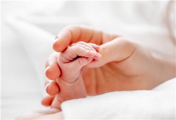 Mother holding tiny newborn baby hand with little fingers closeup in the bed with white bedding with daylight. Concept of matherinity love, protection and tenderness