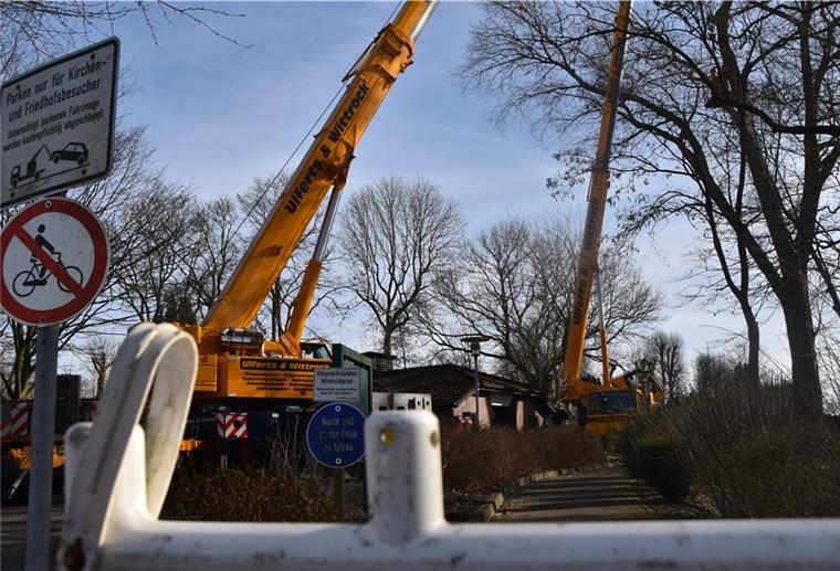 In luftiger Höhe: Am Eingang Bauernweg des Friedhof Atens in Nordenham wird eine gut 35 Meter hohe Pappel stückweise abgesägt. Die Arbeiter schweben in einem Korb rund 30 Meter über dem Boden. Ein zweiter Kran sichert die Äste die abgesägt werden und hebt sie auf den kleinen Bauhof nebenan. Es sollen auch noch drei Linden gefällt werden, die krank sind.
