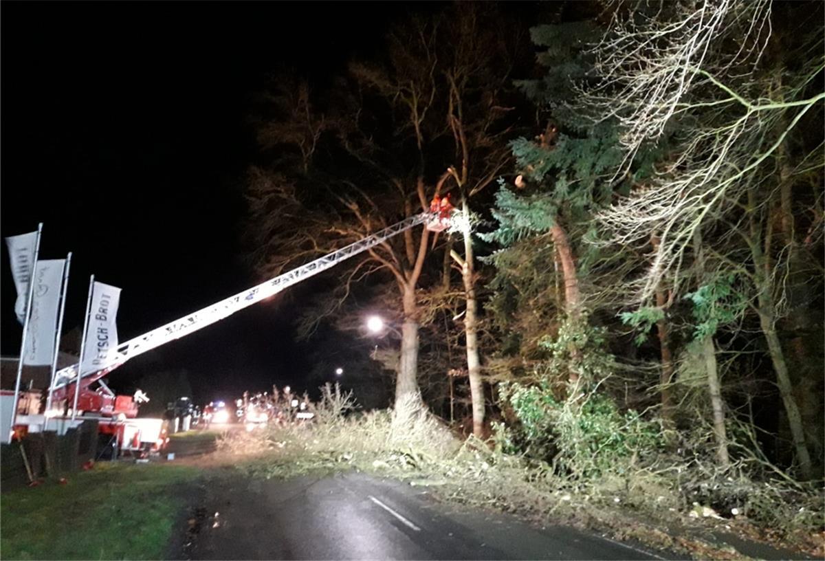 In Tiste kam die Zevener Drehleiter zum Einsatz, um vom Sturm verursachte Gefahren auch in luftiger Höhe zu beseitigen.