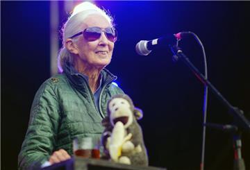 Jane Goodall auf der Greenpeace-Bühne beim Glastonbury Festival in Worthy Farm.