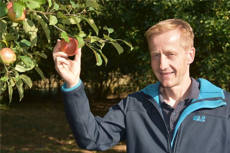 Jörg Benecke verarbeitet in der Börde Mosterei natürlich auch den Knebusch-Apfel zu Saft, der auf einigen Streuobstwiesen zu finden ist. Er pflückt sich aber auch gern mal eine rotbackige Frucht. 