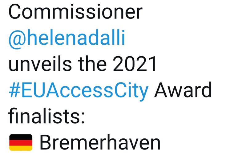 Bremerhaven im Finale um EU-Städtepreis Jubel nach dem Tweet der EU-Kommissarin: Bremerhaven ist beim EU-Städte-Wettbewerb noch im Rennen der letzten sechs.