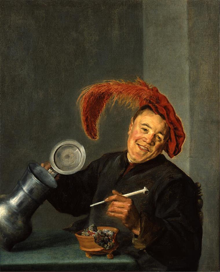 Judith Leysters „Lustiger Zecher“ kippt um 1630 mit der rechten Hand einen stattlichen Bierkrug, in der linken hält er eine Pfeife. Das Rauchen war Anfang des 17. Jahrhunderts in den Niederlanden in Mode gekommen.