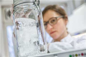 Julia Gütermann untersucht eine eingefrorene Bohrkernprobe aus der Arktis auf Mikroplastik.  