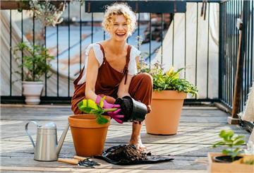 Frau topft Blumen um
