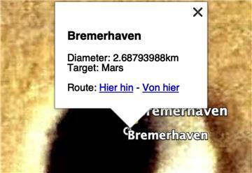 Kein Witz: Auf dem Mars gibt es einen Krater namens Bremerhaven. Der Routenplaner von Google gibt auch die Entfernung an: rund 269 Millionen Kilometer.