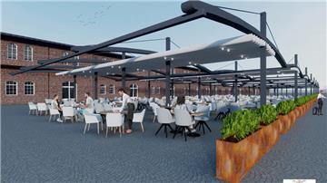 Biergarten unter einer geöffneten Pergola.