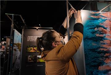 Klimahaus-Mitarbeiterin Imke Wendt bereitet Teile der Sonderausstellung „Nordsee |Südsee – Zwei Welten im Wandel“ vor. 