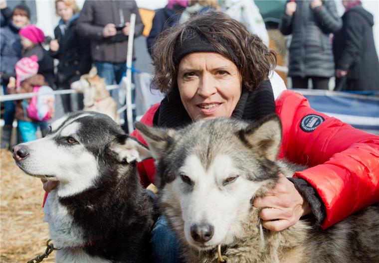 Promis auf Schlittenhunden - Ärger mit Scherben Knuddelstunde nach dem Rennen: Schauspielerin Ulrike Folkerts streichelt zwei Huskys bei den "Baltic Lights". Weil der Schnee beim nördlichsten Schlittenhunderennen Deutschlands auf der Insel Usedom fehlte, zogen die rund 400 Huskys keine Schlitten, sondern Wagen mit Ballonreifen.