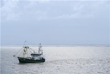 Ein Kutter ist in der Nordsee bei bewölktem Himmel unterwegs.