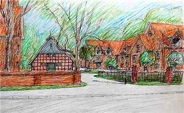 Links das sanierte Pfarrhaus, rechts neue Häuser mit verschieden großen Wohnungen. So könnte es nach den Vorstellungen von Axel Spellenberg irgendwann in Wilstedt aussehen.