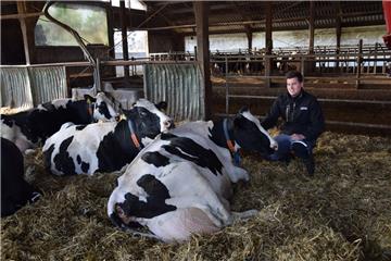 "Man muss die Tiere gut behandeln. Nur so kann man dauerhaft gut damit arbeiten und Spaß daran haben", sagt Landwirt Daniel Heins aus Rockstedt. Hier ist er mit zwei Hochleistungskühen zu sehen, 12 und 14 Jahre alt, die bereits mehr als 100.000 Liter Milch gegeben haben.  