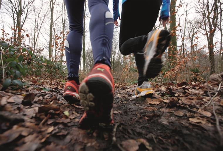 Zwei junge Frauen laufen im Winter im Wald. Joggen in der kalten Jahreszeit, mit waermender, Wind- und Wasserdichter Funktionsbekleidung.