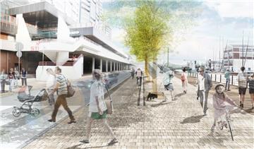 Mit der Reduzierung der Fahrspuren, einer baumbestandenen Promenade und sicheren Fahrradwegen könnte die Columbusstraße wieder zu einem Ort werden, an dem sich die Menschen gerne aufhalten und der Innenstadt und Havenwelten nicht länger trennt.  Darstellung Latz + Partner