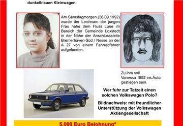 Mit diesem Fahndungsplakat sucht die Polizei nach dem oder den Mördern der beiden Prostituierten. Hier ist auch der blaue Polo abgebildet, der im Zusammenhang gesehen wurde. Hinweise unter (0 47 21) 57 32 00