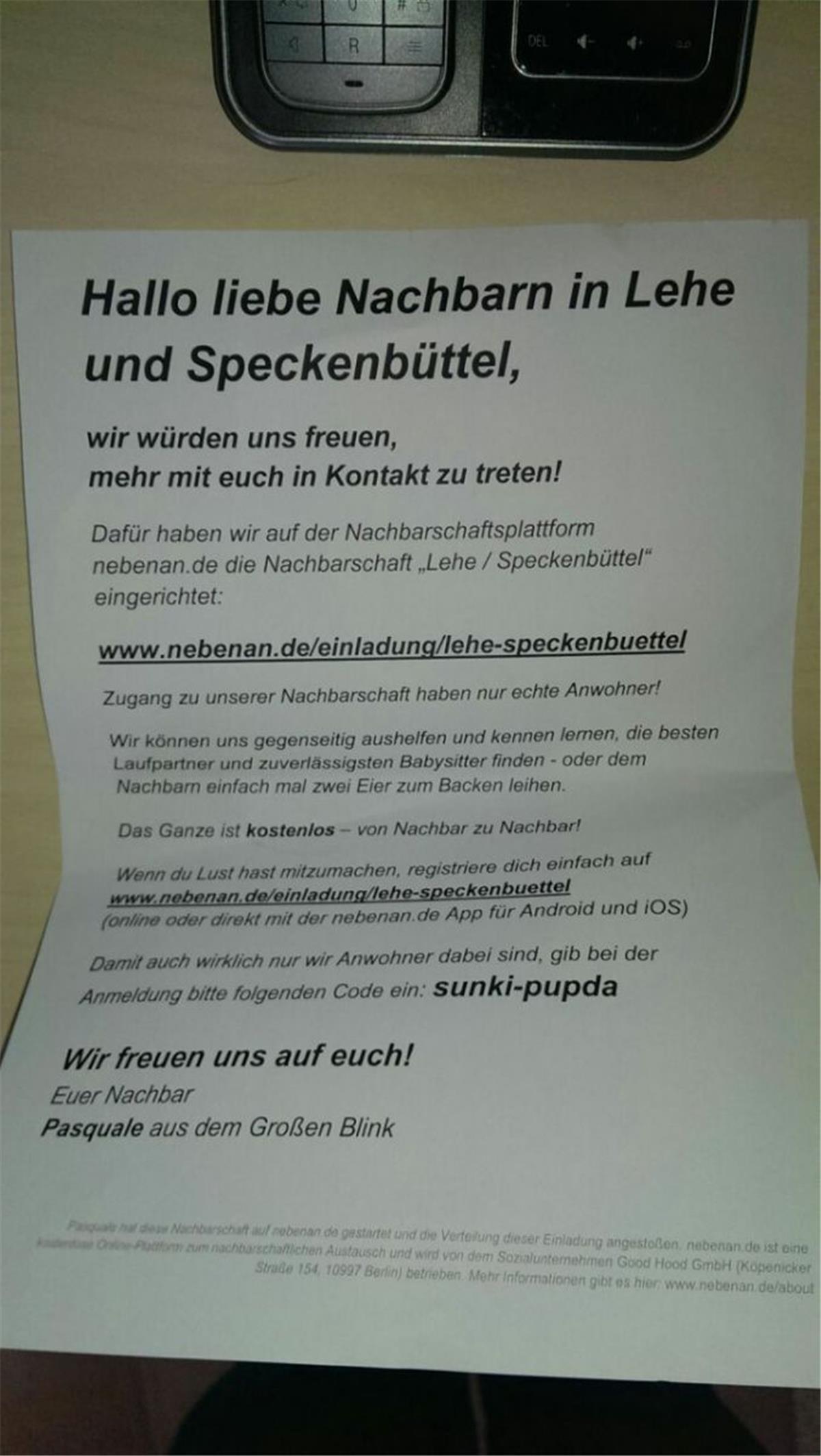 Nachbarschaftsnetzwerk "Nebenan.de" wirbt in Bremerhaven Mit diesen Zetteln wirbt "Nebenan.de" in letzter Zeit in Bremerhaven um neue Kunden für die kostenlose Netzwerkplattform.