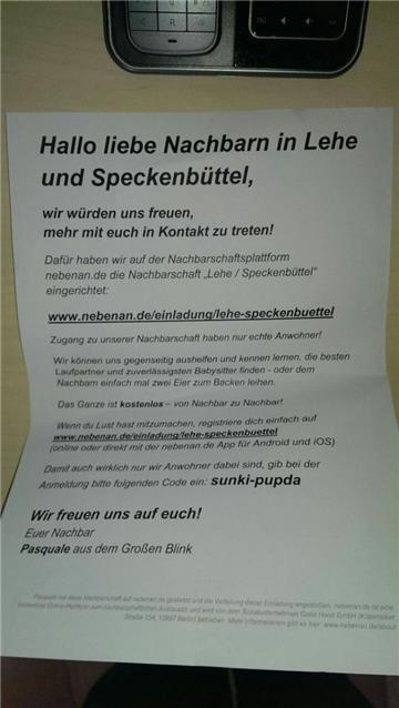 Mit diesen Zetteln wirbt "Nebenan.de" in letzter Zeit in Bremerhaven um neue Kunden für die kostenlose Netzwerkplattform.