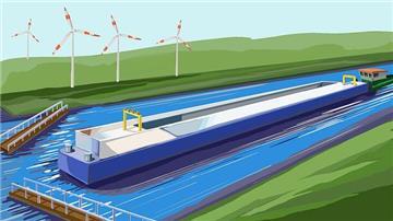 Illustration eines teilautonomen Schubverbands auf einem Kanal: Ein langgestreckter, leerer Leichter wird von einem Schubboot gelenkt, im Hintergrund stehen Windkraftanlagen auf grünen Uferhängen.