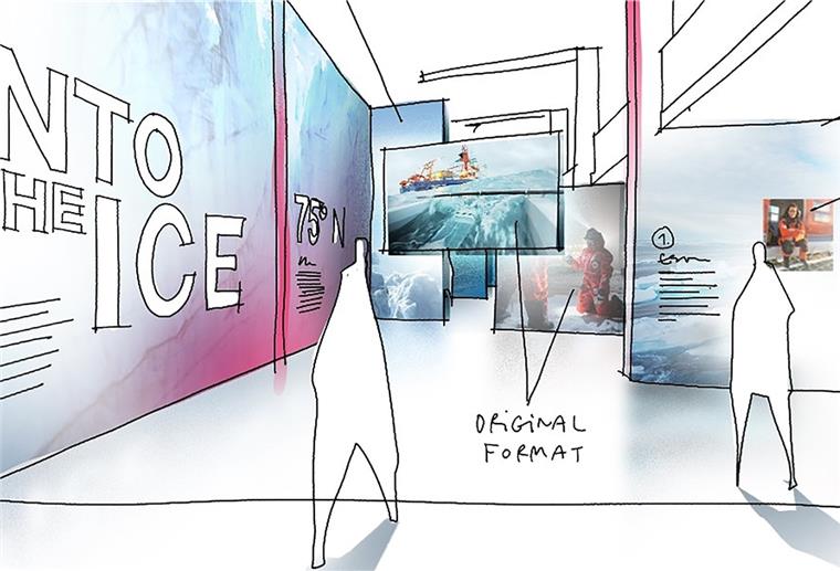 Modellskizze der Fotoausstellung „Into The Ice“, die die MOSAiC-Expedition dokumentiert.