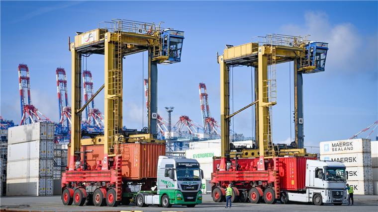 Zwei Van Carrier beladen Lkw mit Containern