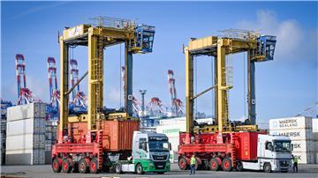 Zwei Van Carrier beladen Lkw mit Containern