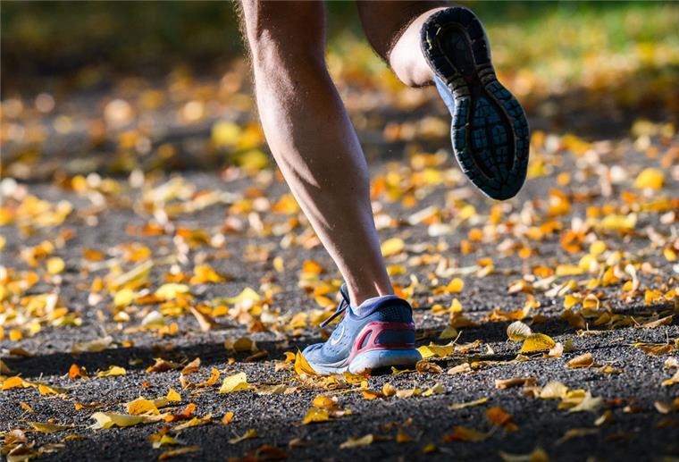 Ein Mann joggt durch eine Allee 