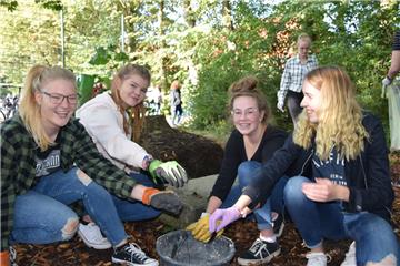 Neele Hansing (von links), Ines Ostendorf, Rieke Seyfarth und Rieke Wessels sammeln im „grünen Klassenzimmer“ die Scherben auf. 