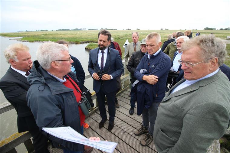Niedersachsens Umweltminister Olaf Lies (Mitte) und der BUND-Bundesvorsitzende Hubert Weiger (rechts) haben am Mittwoch den Langwarder Groden besucht.