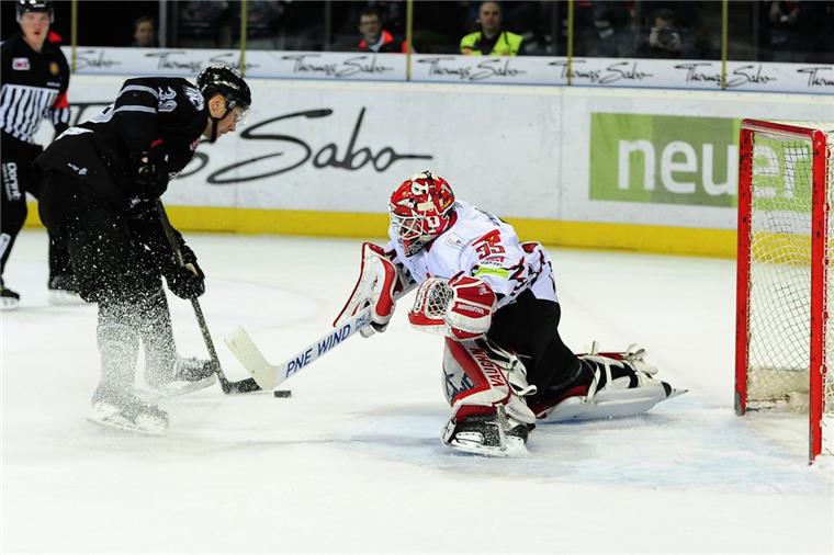 Pinguins verpassen in Nürnberg den letzten Schritt Nürnbergs David Steckel trifft gegen Jerry Kuhn. Die Ice Tigers schlugen die Fischtown Pinguins mit 6:4.