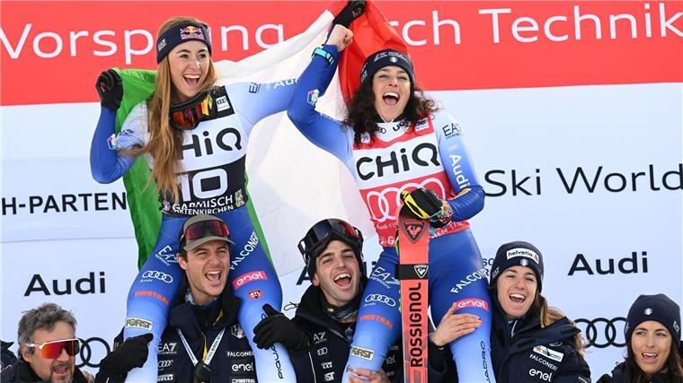 Italienischer Doppelerfolg in Garmisch - Vonn ausgeschieden Nur eine Hundertstelsekunde trennen Siegerin Federica Brignone (rechts) und Sofia Goggia.