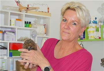 Eine Frau hält einen ausgehungerten Igel hoch.