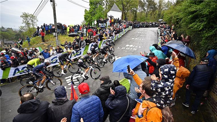 Sieg an der Mauer von Huy: Pogacar gewinnt Flèche Wallonne Olympiasieger Remco Evenepoel (M) mit goldenem Helm an der Mauer von Huy. Rechts neben ihm Tadej Pogacar.