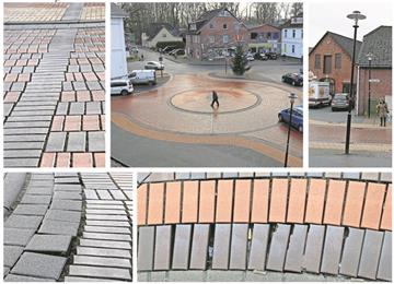 Pannenprojekt Piazza (im Uhrzeigersinn, von oben links): Das Pflaster hat sich verschoben (1), Bäume und Bänke fehlen (2), die Straßenlaterne wird immer wieder angefahren (3), Steine heben sich (4) und es bilden sich Zwischenräume, in denen Müll (5) liegt.