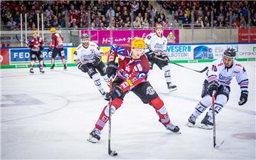 Pinguins-Verteidiger Stanislav Dietz (vorne) umringt von den Kölner Haien (von links) Benjamin Hanowski, Sebastian Uvira und Jonathan Matsumoto. 