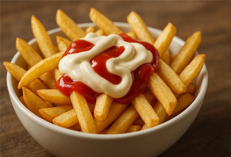 Gesundheitsgefahr für Allergiker: Rückruf von Pommes-Soße gestartet Pommes in einer Schale mit einer Pommes-Sauce und Ketchup (Symbolbild)