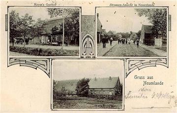Postkarte aus Neuenlande:  links oben ehemaliger Gasthof Meyer, rechts oben ein ...