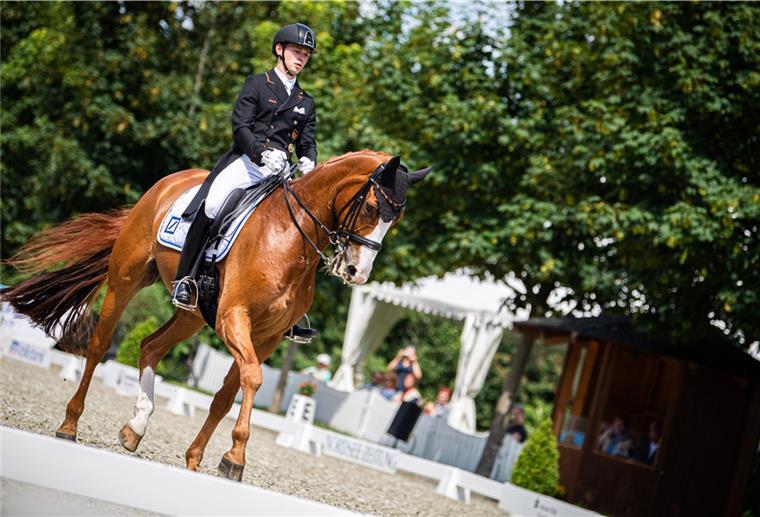 Bei den Elmloher Reitertagen gibt es wieder eine Kür Raphael Netz, Bereiter im Stall von Doppel-Olympiasiegerin Jessica von Bredow-Werndl, bei den 70.Elmloher Reitertagen auf seinem Zweitpferd Lacoste.