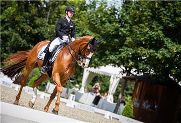 Raphael Netz, Bereiter im Stall von Doppel-Olympiasiegerin Jessica von Bredow-Werndl, bei den 70.Elmloher Reitertagen auf seinem Zweitpferd Lacoste.