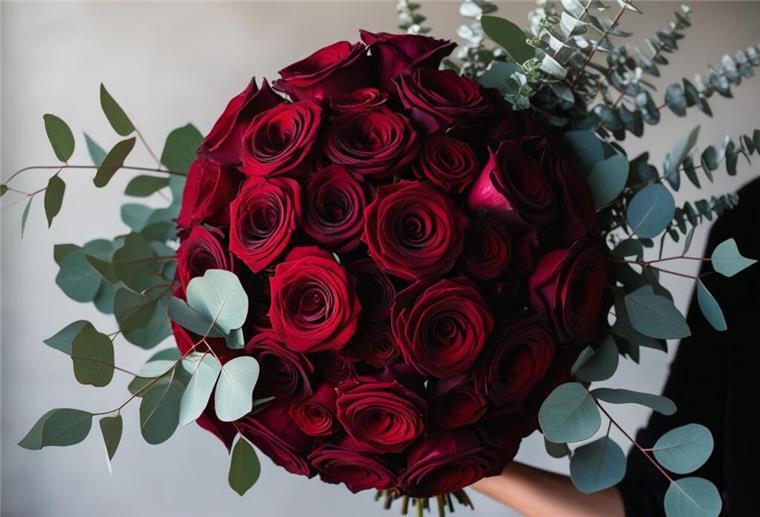 Die Blumenstrauß-Trends zum Valentinstag 2025 Ein großer Straus roter Rosen mit Eukalyptus-Zweig