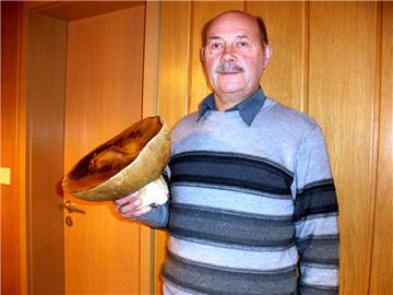 Sammler im Glück: der Wilstedter Gerhard Bischoff mit seinem riesigen Steinpilz.