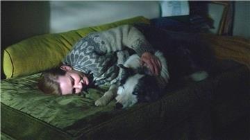 Sandra Hüller als Sandra Voyter mit Hund Messi als Blindenhund Snoop in einer Szene des für fünf Oscars nominierten Films  „Anatomie eines Falls“.