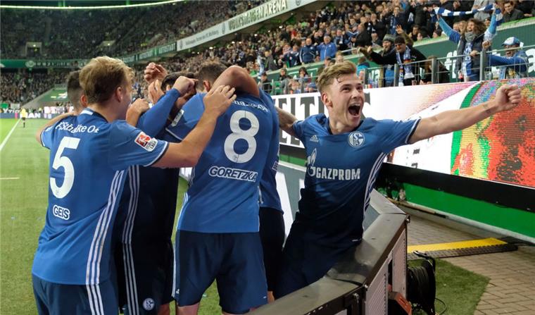 Schalkes Leon Goretzka (Mitte) bejubelt seinen Treffer zum 0:1 mit dem Team.