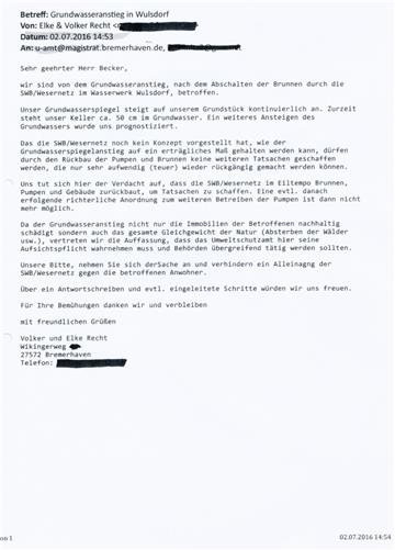 Schreiber von Elke und Volker Recht an das Umweltschutzamt.