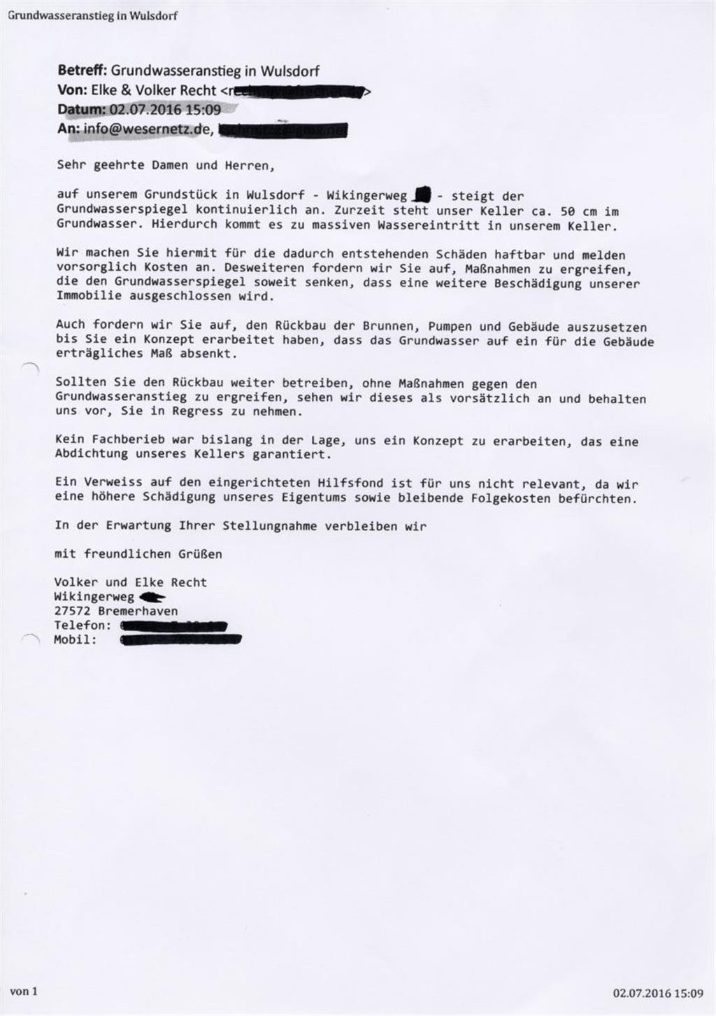 Schreiber von Elke und Volker Recht an SWB.