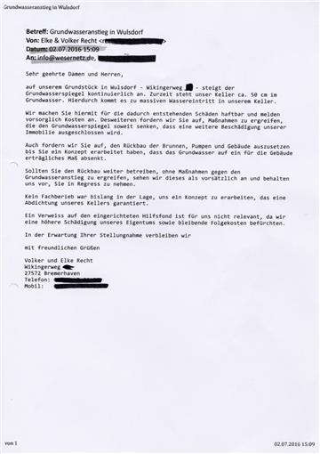 Schreiber von Elke und Volker Recht an SWB.