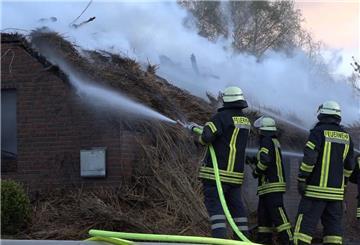 Feuerwehrleute bekämpfen mit Schläuchen ein brennendes Reetdachhaus.