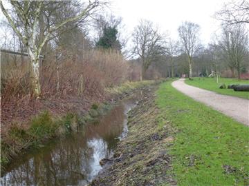 Seit der Begehung im Dezember ist der Wasserstand im Graben Moorhöfe in Bremerhaven gefallen. Wie hoch es gestanden haben muss, ist aber am Rand zum Wanderweg noch gut zu erkennen.